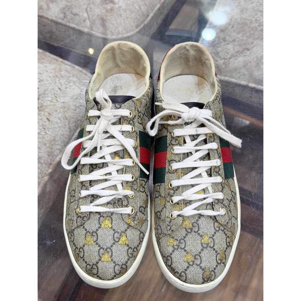 Gucci Ace GG Supreme Bee Sneakers Beige Ebony Monogram Size 41 Low Top Mens